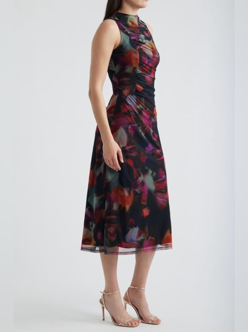 Vince Camuto Floral Printed Mesh Shirred Midi Dress NWT - Picture 3 of 16